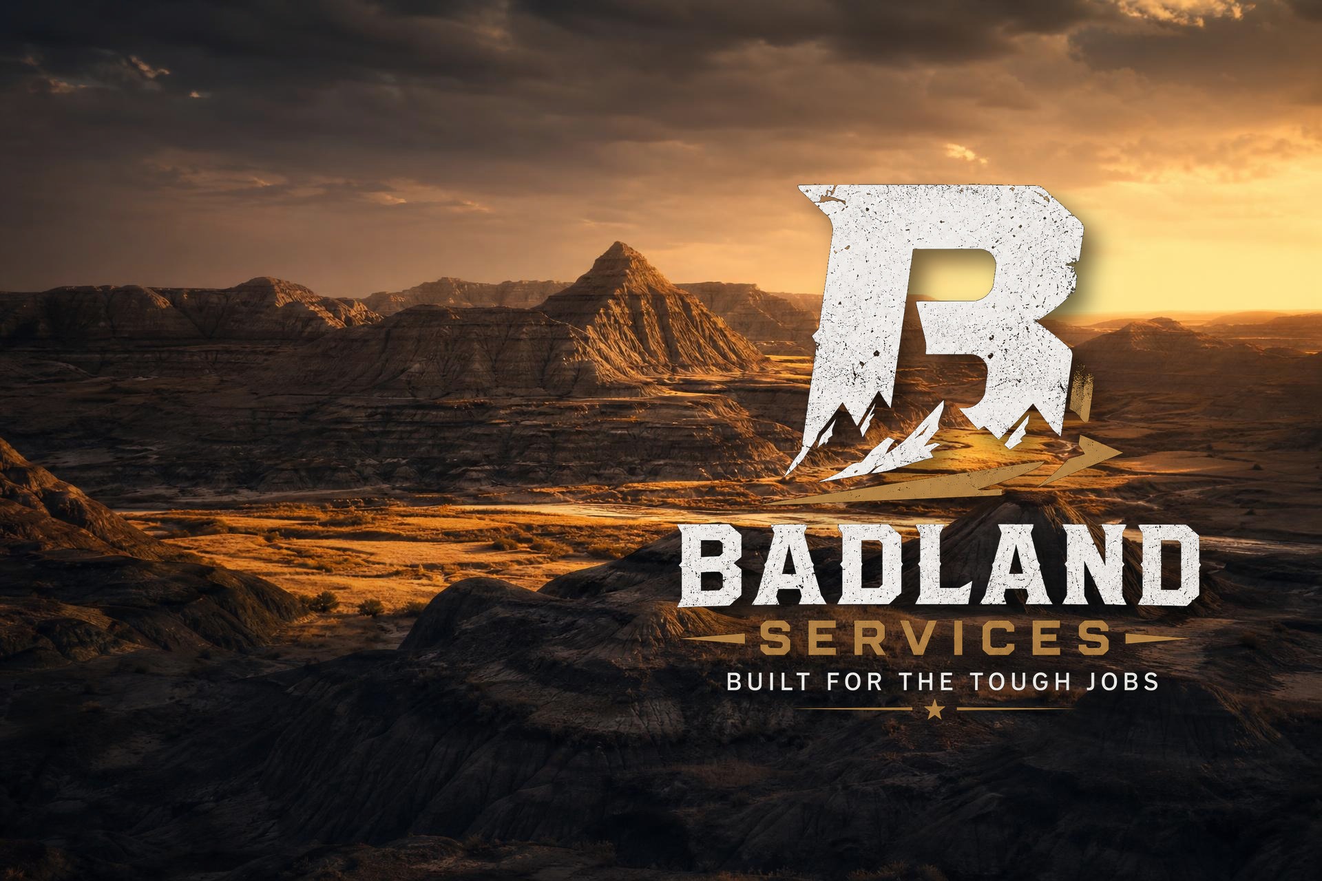 Badland Services 701 logo over a dramatic North Dakota badlands landscape at sunset
